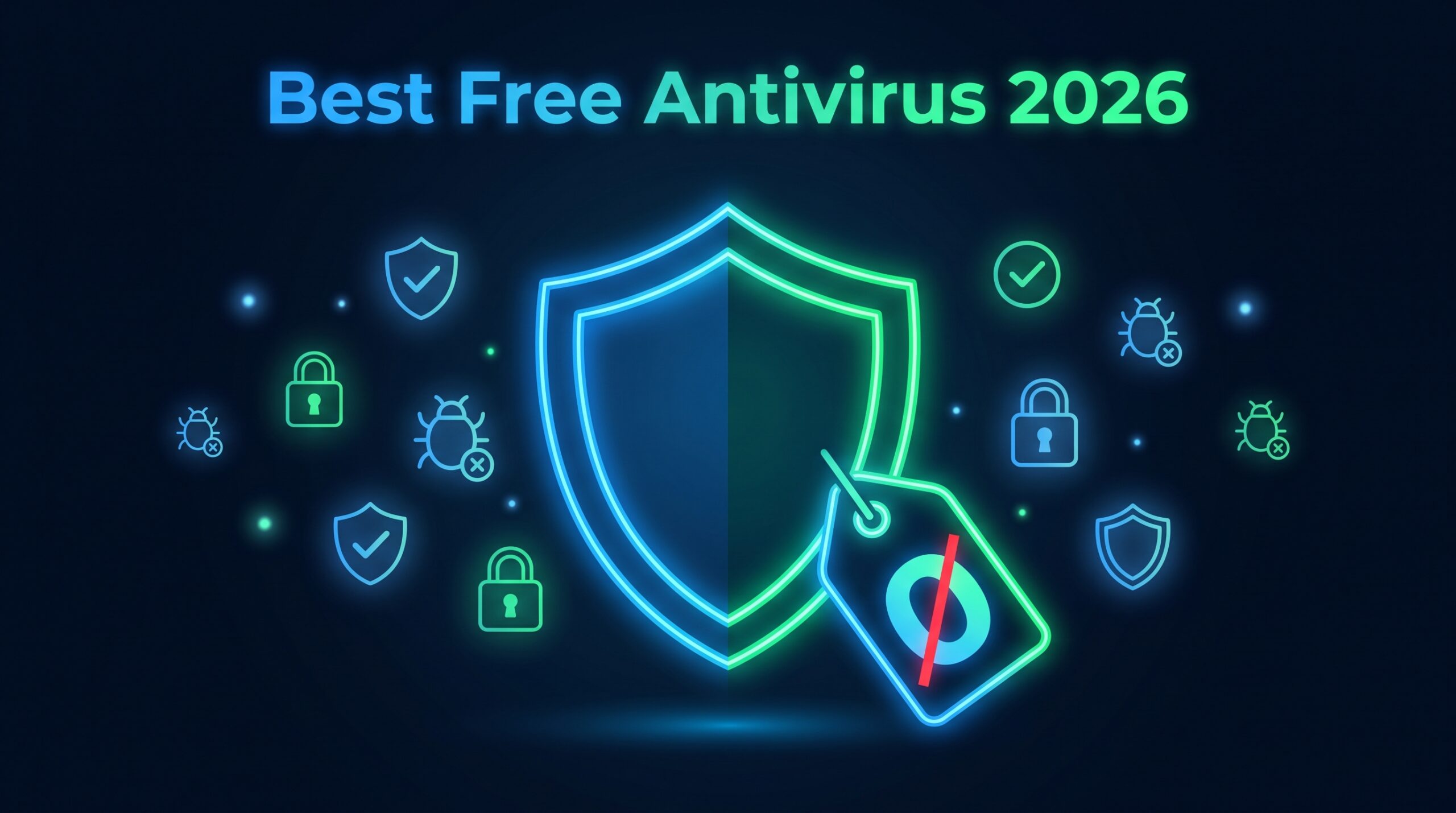 best free antivirus 2026 — glowing shield zero cost security icons blue green dark background Apps Champ