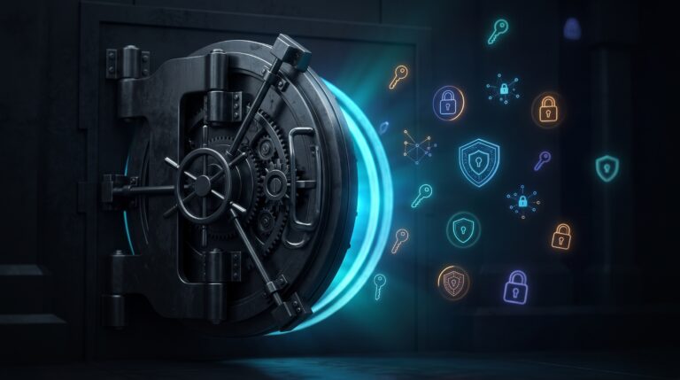 1Password review 2026 — secure vault door glowing key shield illustration Apps Champ